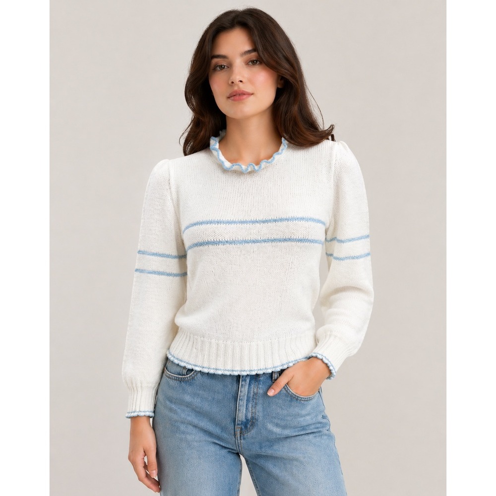 Teasers 80s Striped White and Blue Ruffle Neck Puff Sleeve Sweater Womens Small
